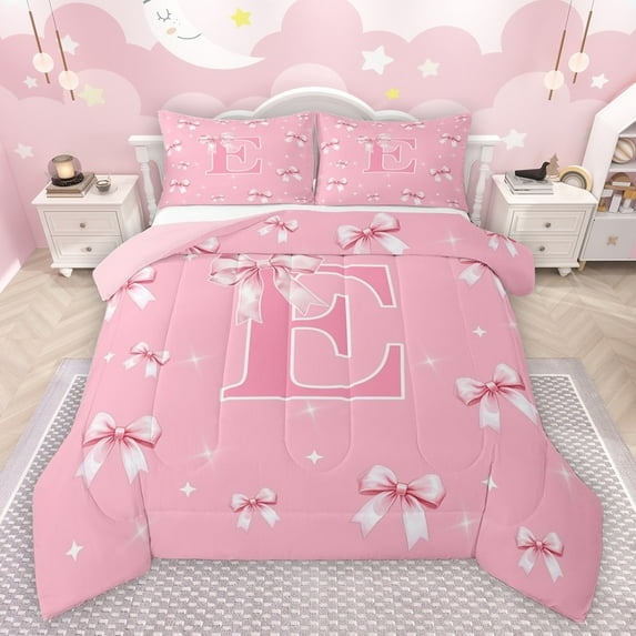 Castle Fairy Kids Teens Personalized Initial E Full Size Comforter Sets 3-Piece,Kawaii Pink Ribbon Bowknot Bedding Comforter Set,Dreamy Princess Lightweight Bedding Sets,Luxury Bedroom Decor