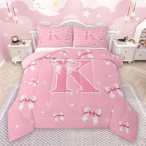 Castle Fairy Kids Teens Personalized Initial K Bedding Comforter Set 2pcs,Kawaii Pink Ribbon Bowknot Twin Comforter Sets Microfiber,Dreamy Princess Breathable Bedding Set,Luxury Bedroom Decor