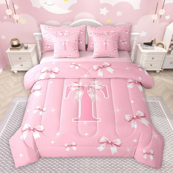 Castle Fairy Kids Teens Personalized Initial T Bedding Comforter Set 7pcs,Kawaii Pink Ribbon Bowknot Queen Bedding Sets Super Cozy,Dreamy Princess Queen Sheet Sets,Luxury Bedroom Decor,Reversible