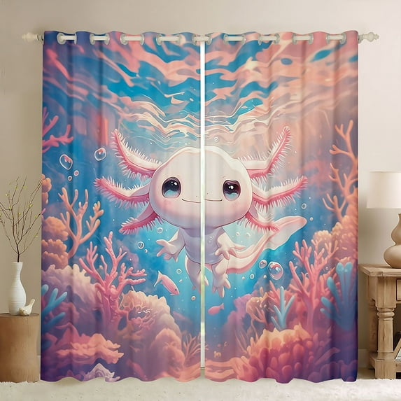 Castle Fairy Kids Teens Pink Axolotl Black Out Curtains,Cartoon Sea Salamander Curtains Pack of 2 (42x63 Each),Kawaii Animal Bedroom Curtains,Ultra Soft Home Decor