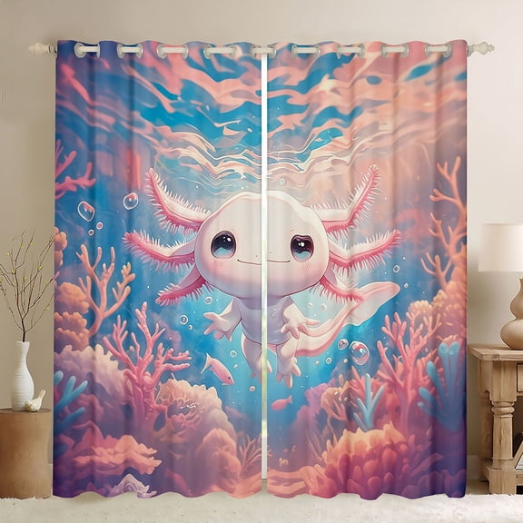 Castle Fairy Kids Teens Pink Axolotl Black Out Curtains,Cartoon Sea Salamander Curtains Pack of 2 (42x63 Each),Kawaii Animal Bedroom Curtains,Ultra Soft Home Decor