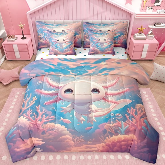 Castle Fairy Kids Teens Pink Axolotl Twin Bedding Sets 7-Piece,Cartoon Sea Salamander Bedding Comforter Set Microfiber,Kawaii Animal Breathable Sheet Sets,Ultra Soft Home Decor,Reversible