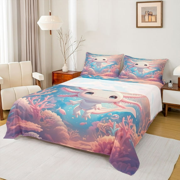 Castle Fairy Kids Teens Pink Axolotl Twin Sheet Sets 3pcs,Cartoon Sea Salamander Twin Fitted Sheet Microfiber,Kawaii Animal Breathable Flat Sheet,Ultra Soft Home Decor