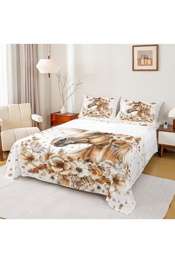 Kids Teens Western Animal Horse 4 Pieces Queen Sheet Sets,Vintage Rustic Farmhouse Ultra Soft Flat Sheet,Chic Floral Flowers Queen Fitted Sheet,Super Cozy Room Decor