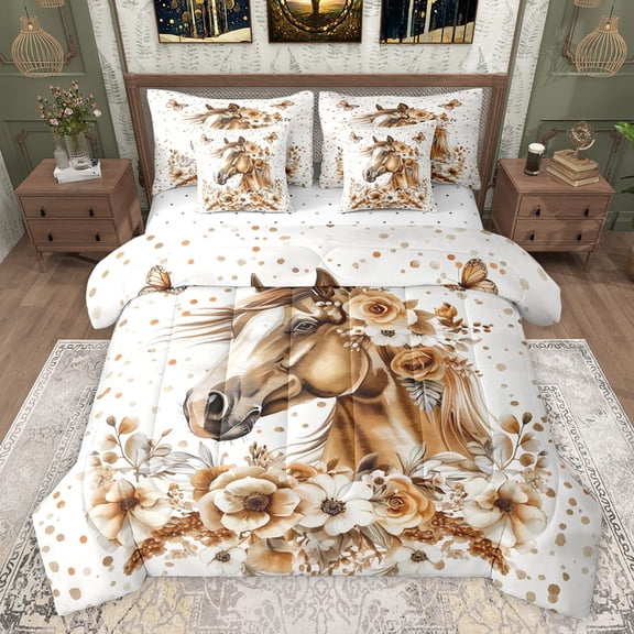 Castle Fairy Western Animal Horse 7-Piece Bedding Comforter Set, King Size, Vintage Rustic Farmhouse, Chic Floral Flowers, Reversible