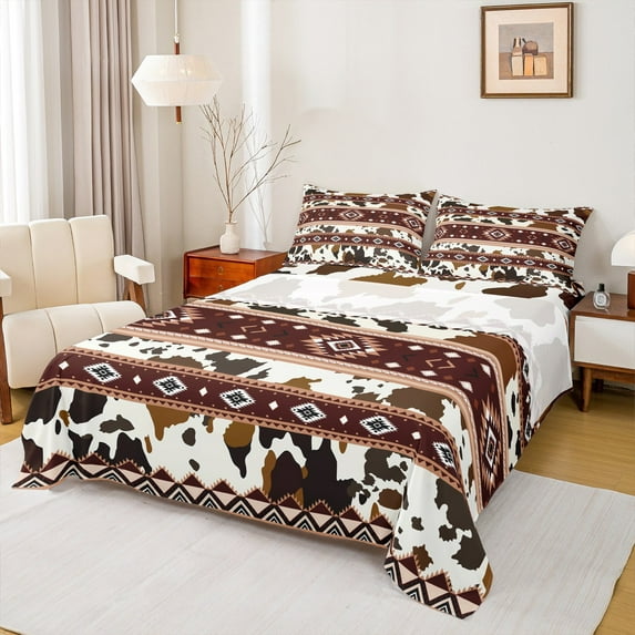 Castle Fairy Kids Teens Western Cattle Print 4 Pieces Queen Sheet Sets,Farmhouse Animal Ultra Soft Flat Sheet,Hippie Tribal Aztec Queen Fitted Sheet,Super Cozy Room Decor