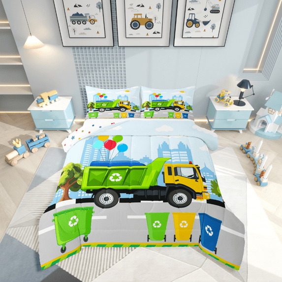 Castle Fairy Kids Trash Truck 2pcs Bedding Comforter Set,Garbage Truck Twin Comforter Sets,Cartoon Truck Breathable Bedding Set,Ultra Soft Home Decor