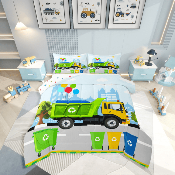 Castle Fairy Kids Trash Truck 3 Pieces Queen Comforter Set,Garbage Truck Ultra Soft Bedding Sets,Cartoon Truck Bedding Comforter Set,Ultra Soft Home Decor