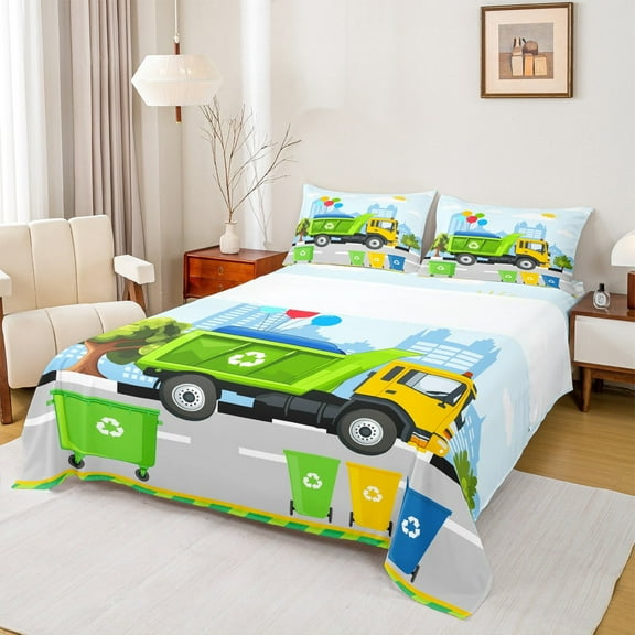 Castle Fairy Kids Trash Truck 3pcs Twin Sheet Sets,Garbage Truck Twin Fitted Sheet,Cartoon Truck Breathable Flat Sheet,Ultra Soft Home Decor