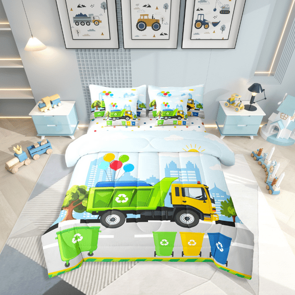 Castle Fairy Kids Trash Truck 7-Piece Twin Bedding Sets,Garbage Truck Bedding Comforter Set,Cartoon Truck Breathable Sheet Sets,Ultra Soft Home Decor