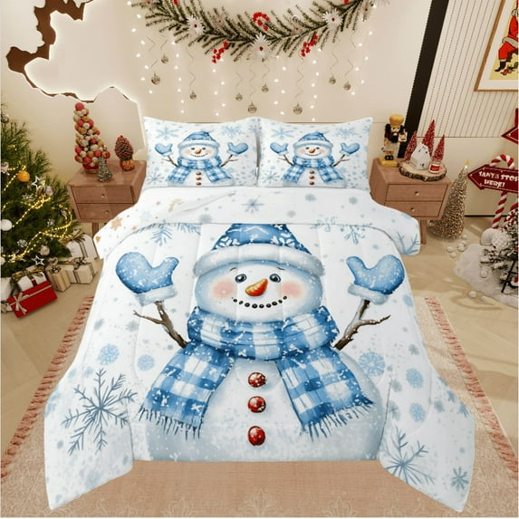 Castle Fairy Kids Winter Snowflakes 3 Pieces Queen Comforter Set,Christmas Snowman Ultra Soft Bedding Sets,Festival Xmas Bedding Comforter Set,Microfiber Bedroom Decor