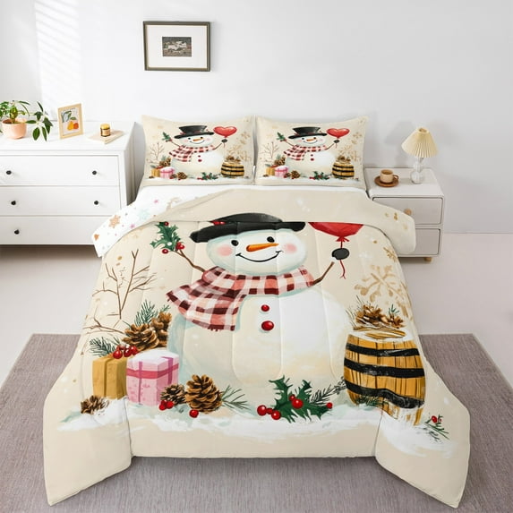 Castle Fairy Kids Xmas Snowman 2pcs Bedding Comforter Set,Merry Christmas Twin Comforter Sets,Winter Snowflakes Breathable Bedding Set,Microfiber Bedroom Decor