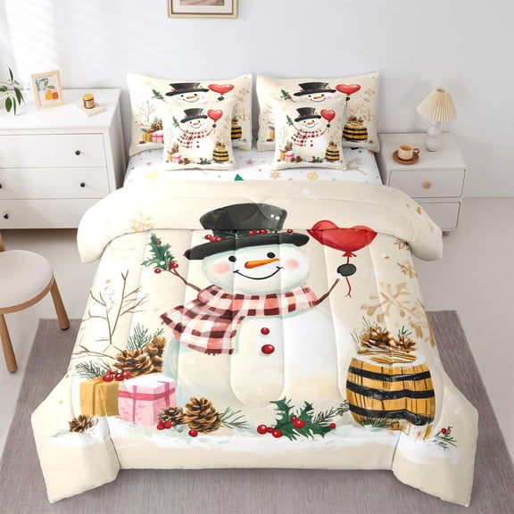 Castle Fairy Kids Xmas Snowman 7-Piece Bedding Comforter Set,Merry Christmas King Bedding Sets,Winter Snowflakes Ultra Soft Bed Sheets,Microfiber Bedroom Decor