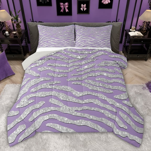 Castle Fairy Kids Zebra Print Queen Comforter Set,Glitter Print Bedding Comforter Set