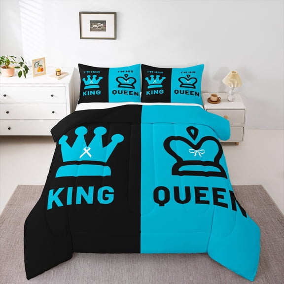 Castle Fairy King And Queen Crown 3 Pieces Queen Comforter Set for Girls Female Women,Romantic Valentine's Day Ultra Soft Bedding Sets,Couple Lover Bedding Comforter Set Breathable