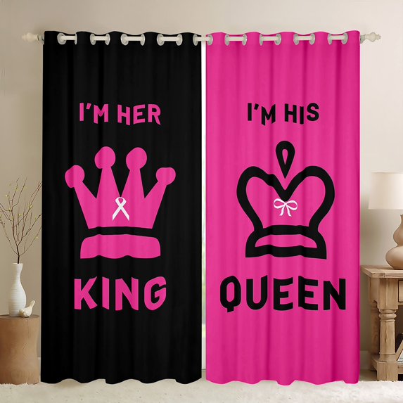 Castle Fairy King And Queen Crown Black Out Curtains for Female Men Women,Happy Valentine's Day Curtains Pack of 2 (42x63 Each),Black Pink Bedroom Curtains,Microfiber Bedroom Decor