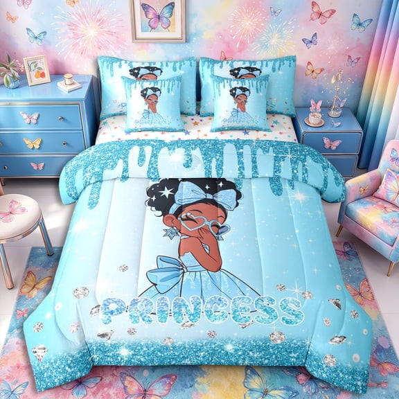 Castle Fairy Kwaii Bow Black Kawaii Princess Twin Bedding 7-Piece,Glittery Diamond Background Bedding Comforter Set,Cyan Sky Silver