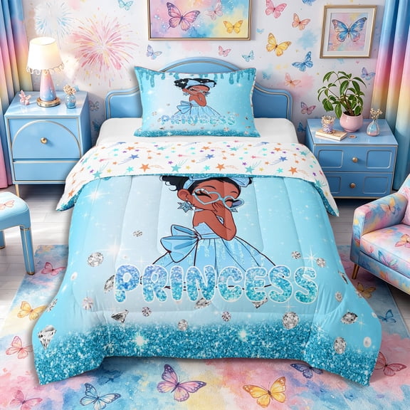 Castle Fairy Kwaii Bow Black Kawaii Princess Twin Comforter Sets 2pcs,Glittery Diamond Background Bedding Set,Cyan Sky Silver,1 Comforter and 1 Pillowcase