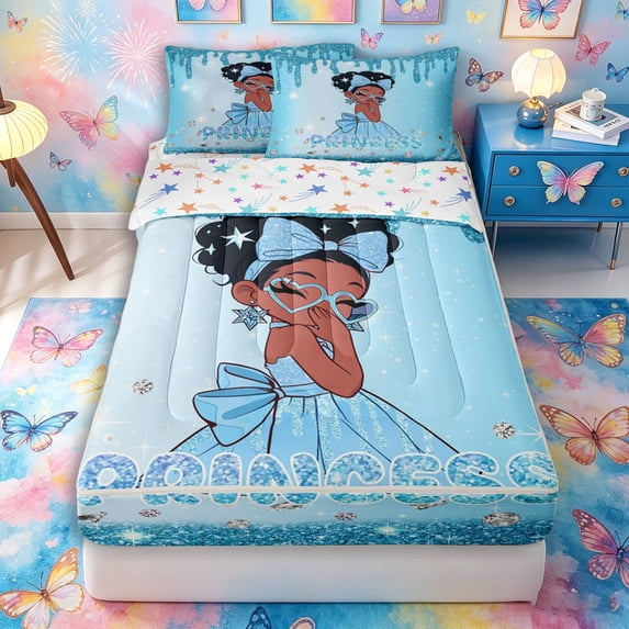 Castle Fairy Kwaii Bow Black Kawaii Princess Zipper Twin Comforter Sets with Fitted Sheet and 2 Pillowcases,Glittery Diamond Background Zipper Bedding Set,Cyan Sky Silver,4-Piece