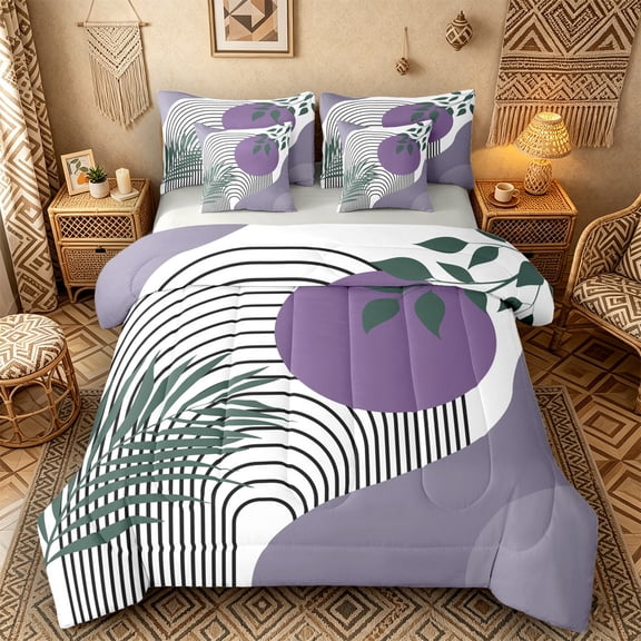 Castle Fairy Lavender Botanical Bedding Comforter Set 7pcs for Ladies, Abstract Shape Queen Bedding Sets for Dorm Room, Purple and Green,Grey Reversible