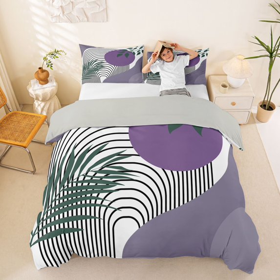 Castle Fairy Lavender Botanical Duvet Cover Set for Ladies, Abstract Shape Bedding Full for Dorm Room, Purple and Green,Grey Reversible,3pcs,No Comforter