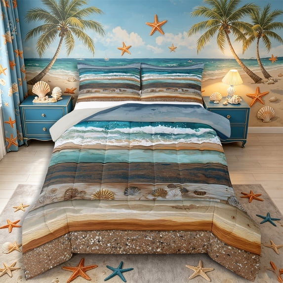 Castle Fairy Layered Wooden Beach Wave King Size Comforter Sets 3pcs,Seashell Rustic Coastal Landscape Comforters King Size,Teal Sand,Grey Reversible,1 Comforter and 2 Pillowcases
