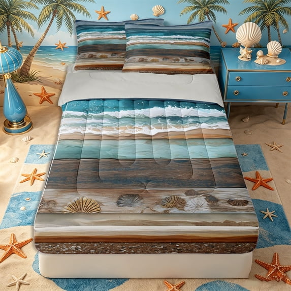 Castle Fairy Layered Wooden Beach Wave Zipper Queen Comforter Set with Fitted Sheet and 2 Pillowcases,Seashell Rustic Coastal Landscape Zipper Bedding Set,Teal Sand,Grey Reversible,4 Pieces