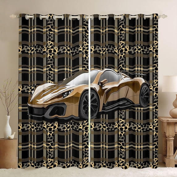 Castle Fairy Leopard Plaid Sports Car Blackout Curtains Set of 2 (52x84 Each) for Boys, Pattern Art Window Curtains for Bedroom, Gold Black