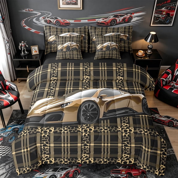 Castle Fairy Leopard Plaid Sports Car Twin Bedding Sets 7-Piece for Boys, Pattern Art Bedding Comforter Set for Bedroom, Gold Black,Black Reversible