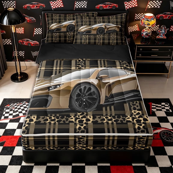 Castle Fairy Leopard Plaid Sports Car Zipper Twin Comforter Sets with Fitted Sheet and 2 Pillowcases for Boys,Pattern Art Zipper Bedding Set for Bedroom,Gold Black,4-Piece,Black Reversible