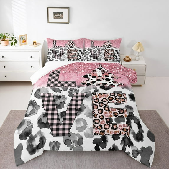 Castle Fairy Leopard Print 2pcs Bedding Comforter Set,Sparkling Sequin Twin Comforter Sets,Valentine's Day Breathable Bedding Set,Lightweight Geometric Room Decor
