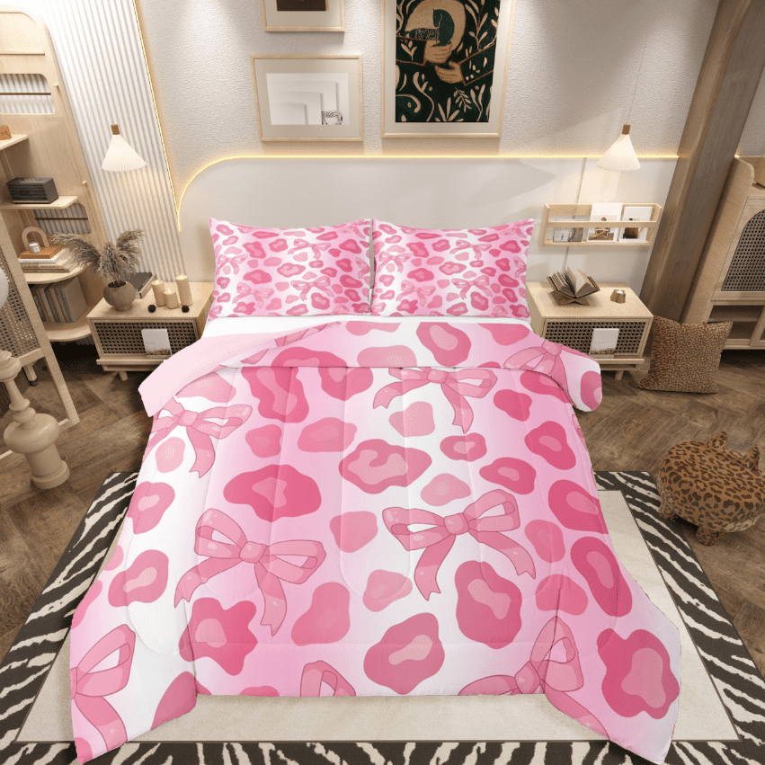 Castle Fairy Leopard Print 3-Piece Full Size Comforter Sets,Pink Bow ...