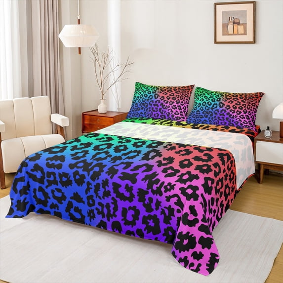 Castle Fairy Leopard Print 4-Piece Full Size Sheets,Animal Cheetah Bed Sheets,Gradient Ombre Lightweight Sheet Sets,Luxury Abstract Bedroom Decor