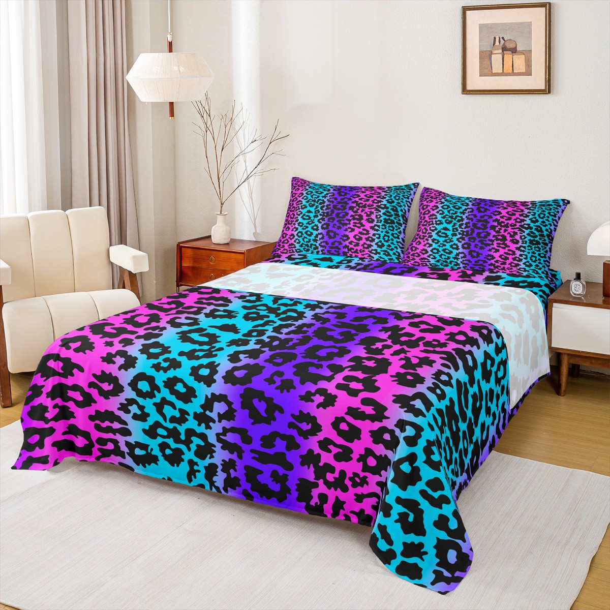Castle Fairy Leopard Print 4Piece Full Size Sheets,Gradient Ombre Bed