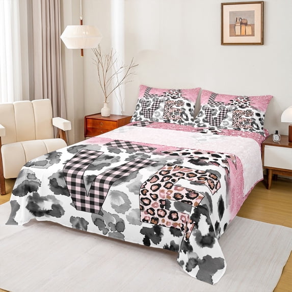Castle Fairy Leopard Print 4pcs Bed Sheets,Sparkling Sequin King Sheets,Valentine's Day Super Cozy Sheet Set,Lightweight Geometric Room Decor