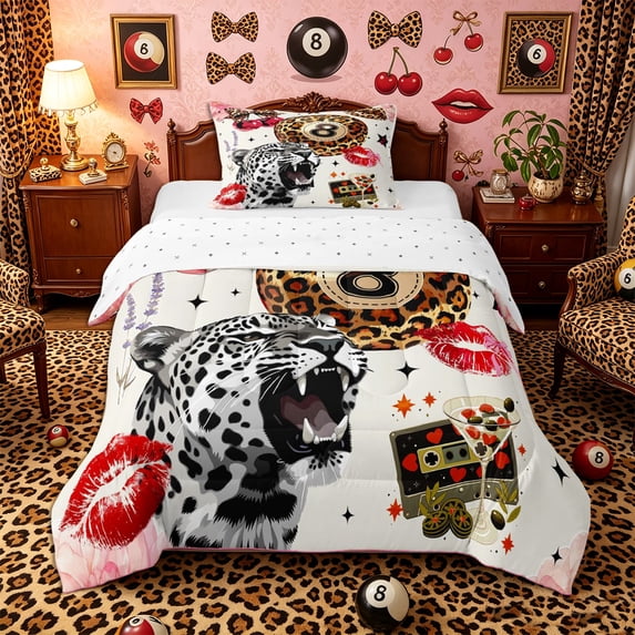 Castle Fairy Leopard Print Billiard Twin Comforter Sets 2pcs, Animal Cheetah Bedding Set, Black Red Brown,1 Comforter and 1 Pillowcase