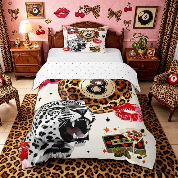 Castle Fairy Leopard Print Billiard Twin Duvet Cover, Animal Cheetah Twin Bedding, Black Red Brown,2pcs,1 Duvet Cover and 1 Pillowcase
