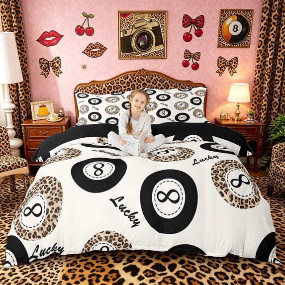 Castle Fairy Leopard Print Billiards Duvet Cover King, Sport Theme King Bedding, Brown Black,Black Reversible,3 Pieces,1 Duvet Cover and 2 Pillowcases
