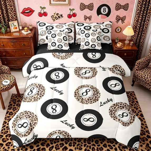 Castle Fairy Leopard Print Billiards Queen Bedding 7pcs, Sport Theme Bedding Comforter Set Queen, Brown Black,Black Reversible