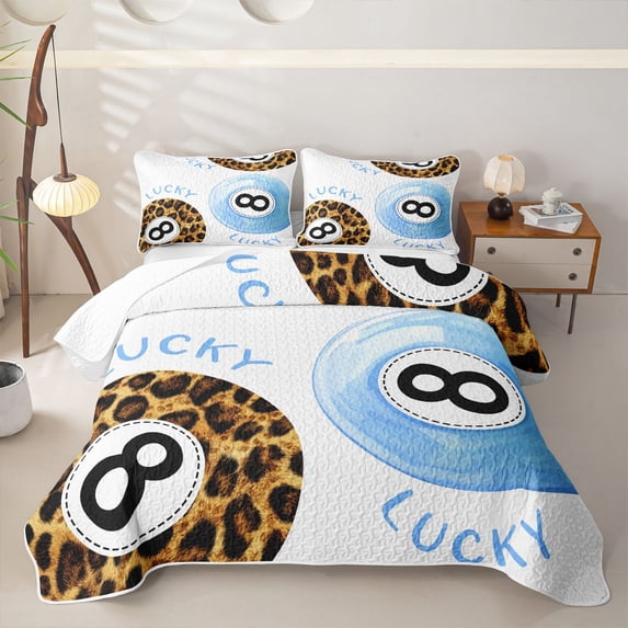 Castle Fairy Leopard Print Billiards Quilt Full,Sport Theme Full Bedspread Sets,Blue Brown Black