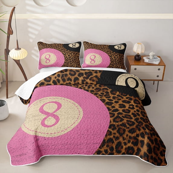 Castle Fairy Leopard Print Billiards Quilt King,Sport Theme King Coverlet Set,Pink Brown Black