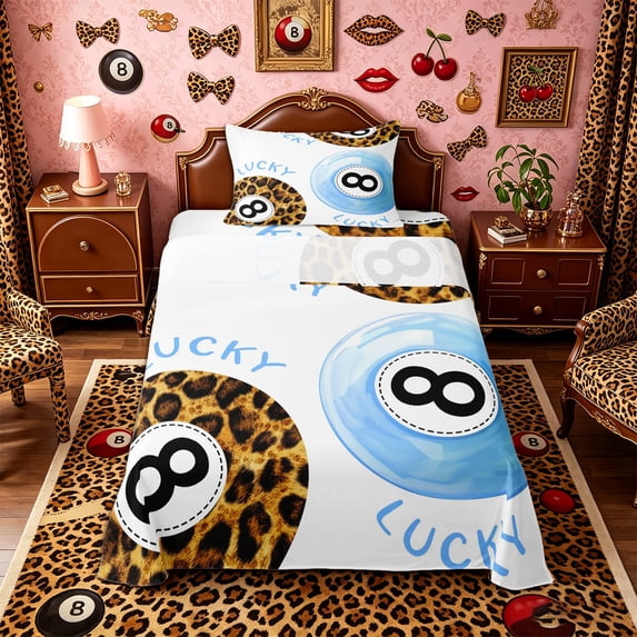 Castle Fairy Leopard Print Billiards Twin Sheets 3pcs, Sport Theme Bedding, Blue Brown Black,1 Fitted Sheet, 1 Flat Sheet and 1 Pillowcase