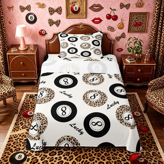 Castle Fairy Leopard Print Billiards Twin Sheets 3pcs, Sport Theme Bedding, Brown Black,1 Fitted Sheet, 1 Flat Sheet and 1 Pillowcase
