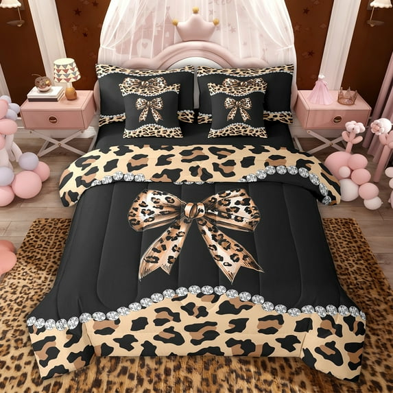 Castle Fairy Leopard Print Bow Bedding Comforter Set,Bling Crystal Full Bedding Set