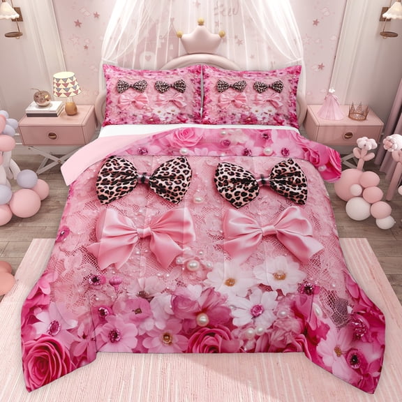 Castle Fairy Leopard Print Bow Knot Twin Comforter Sets,Dreamy Ribbon Bowtie Bedding Set