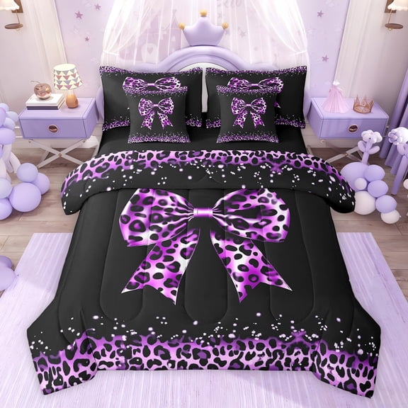 Castle Fairy Leopard Print Bowknot Bedding Comforter Set,Cheetah Print King Bedding Sets