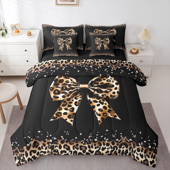 Castle Fairy Leopard Print Bowknot Bedding Comforter Set,Cheetah Print King Bedding Sets