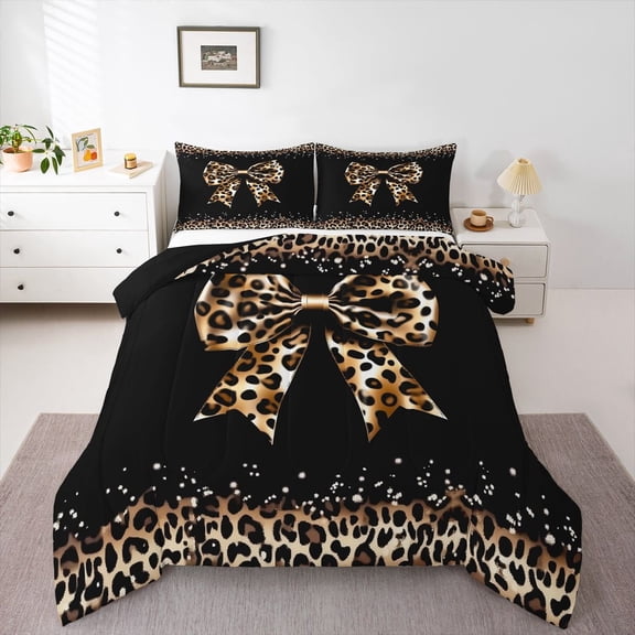 Castle Fairy Leopard Print Bowknot Queen Comforter Set,Cheetah Print Bedding Comforter Set