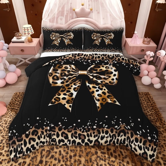 Castle Fairy Leopard Print Bowknot Twin Comforter Sets,Vintage Cheetah Print Bedding Set