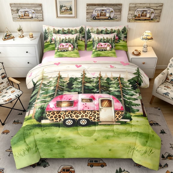 Castle Fairy Leopard Print Camper Bedding Comforter Set 7 Pieces for Kids,Forest Art Full Bedding Set for Bedroom,Pink Reversible